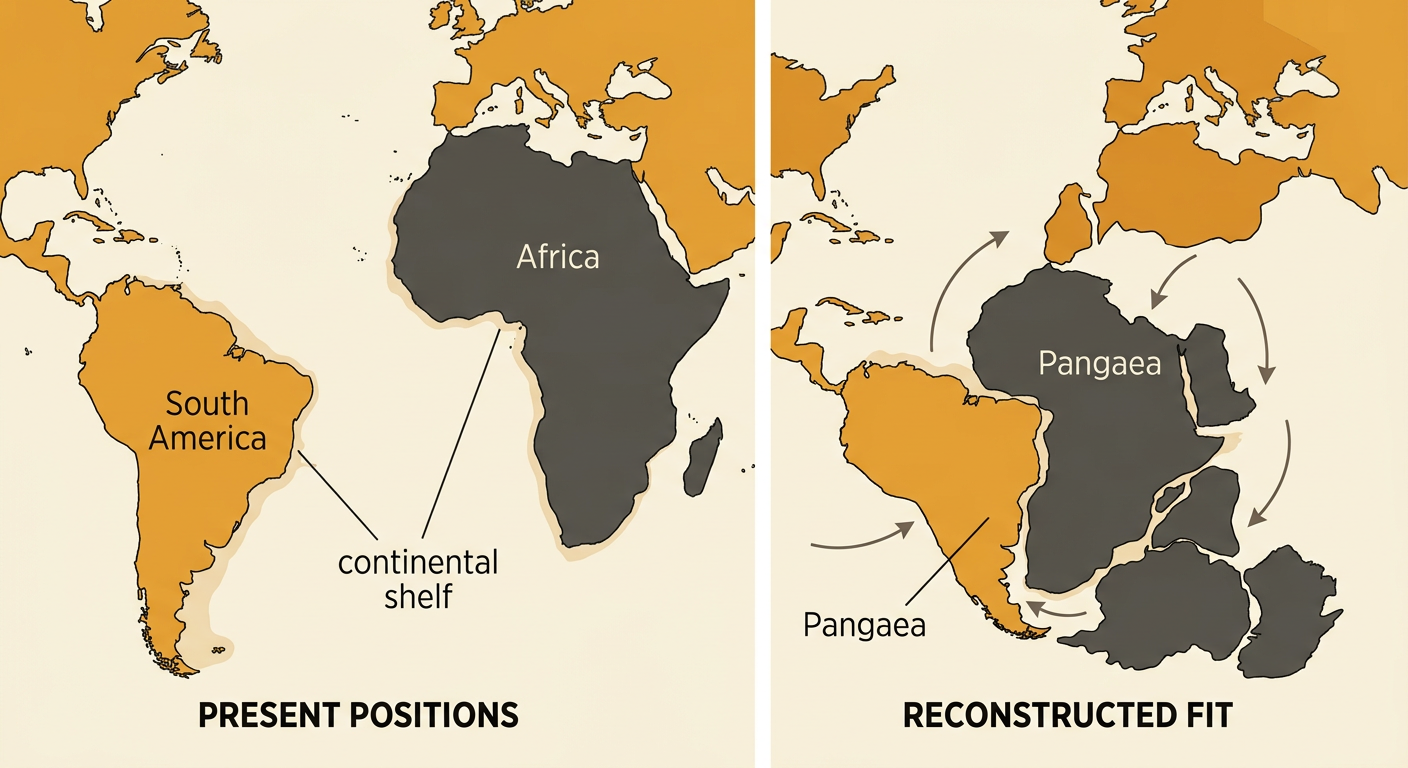 A world map shows South America and Africa fitting together along their continental shelves within a reconstruction of Pangaea.