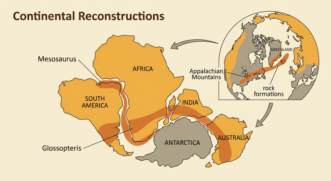A reconstructed continent map shows matching Mesosaurus and Glossopteris fossils and connected Appalachian Mountains rock formations.