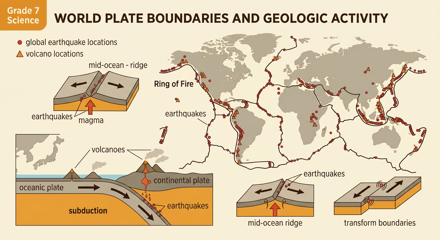 A world map displays earthquake and volcano belts along the Ring of Fire, a subduction zone near Japan, and a mid-ocean ridge.