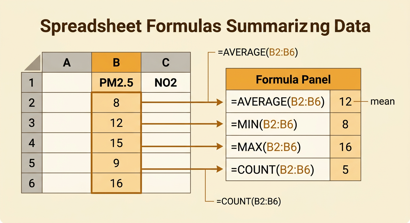 A spreadsheet formula panel calculates the mean, minimum, maximum, and numeric count for five PM2.5 measurements.