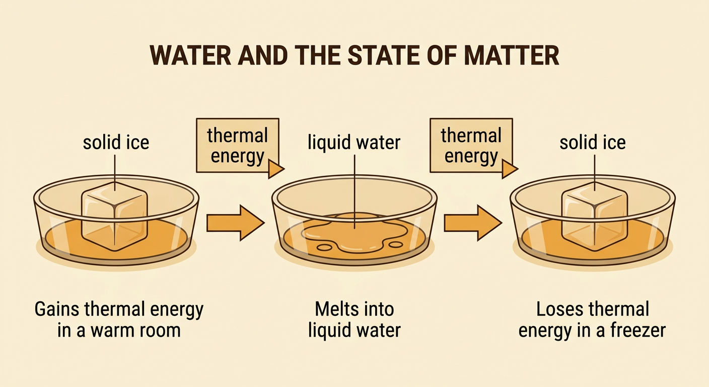 A simple cycle shows solid ice melting into liquid water and freezing back into ice as thermal energy is added or removed.