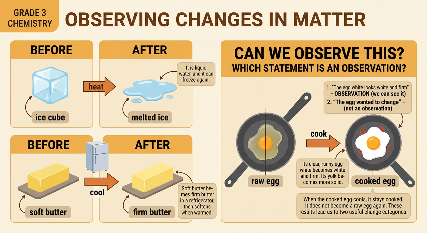 Three before-and-after examples show melted ice, soft and firm butter, and a raw egg becoming a cooked egg.