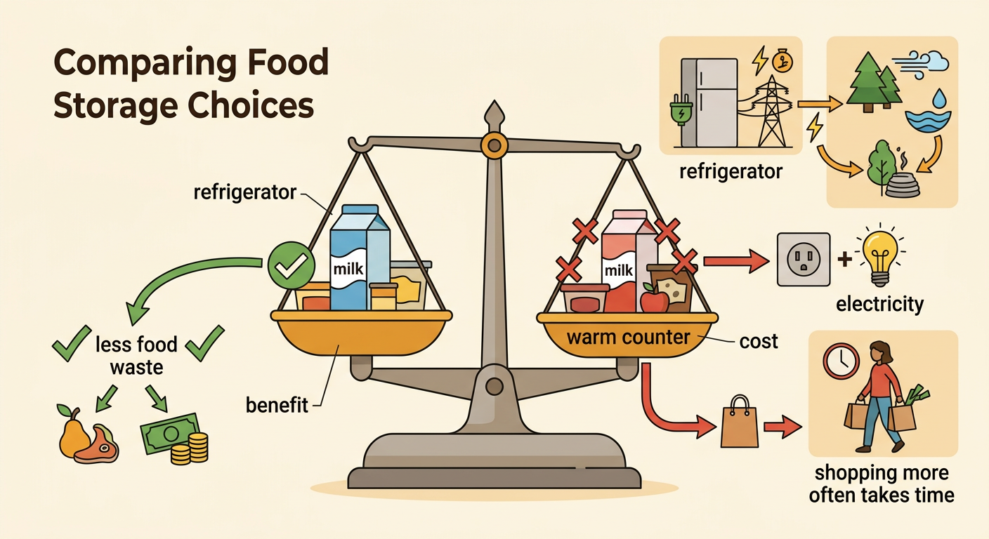 A family compares refrigerated milk with milk on a warm counter while weighing food waste against electricity use.