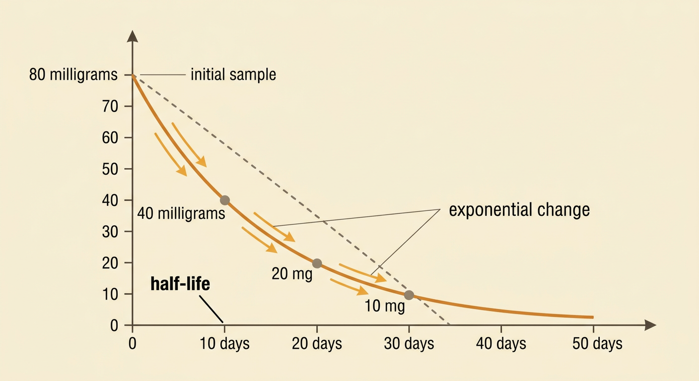 A downward-curving graph and sample containers show an 80-milligram radioactive sample halving every 10 days.
