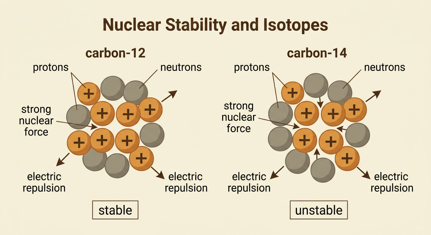 A comparison diagram shows stable carbon-12 and unstable carbon-14 nuclei with the forces between their particles.