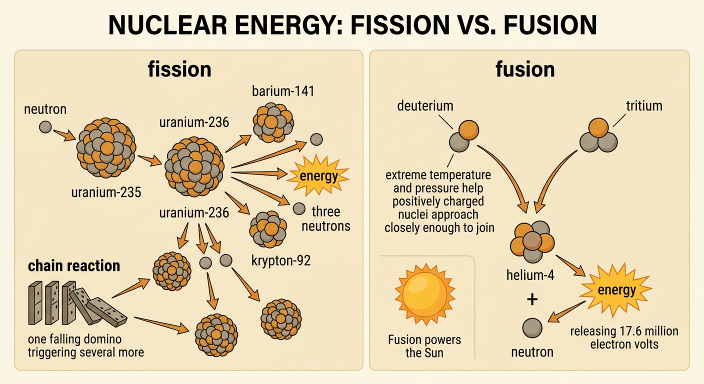 A side-by-side diagram shows uranium fission producing a chain reaction and hydrogen isotopes fusing into helium.