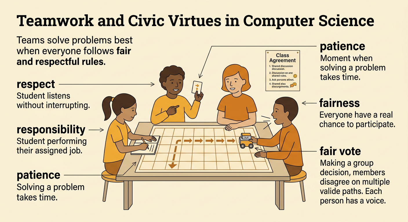 A diverse group shares robot materials, listens to each speaker, studies two paths, and votes together.