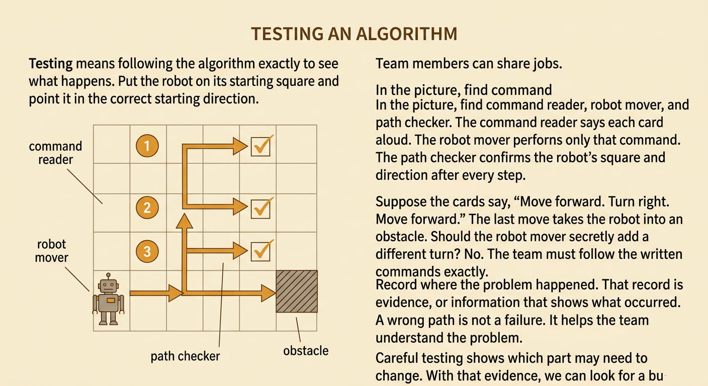 Three children test a robot on a grid while reading cards, moving the robot, and checking a path that ends at an obstacle.