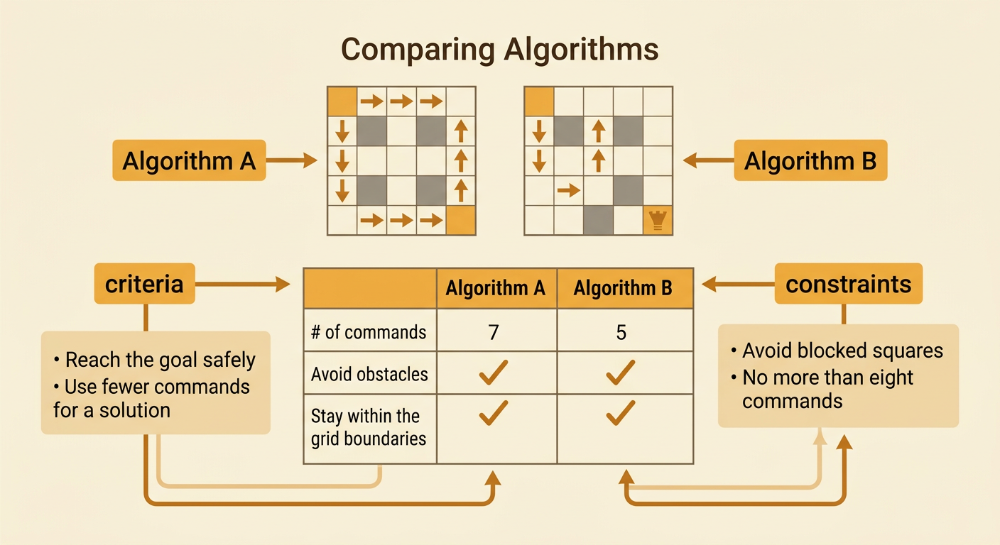 Two color-coded robot paths reach the same goal while a comparison chart shows seven commands for one and five for the other.