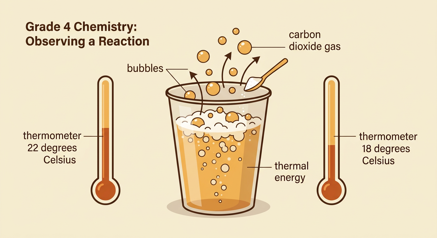 A foaming cup releases carbon dioxide gas while a thermometer shows a drop from 22 degrees Celsius to 18 degrees Celsius.