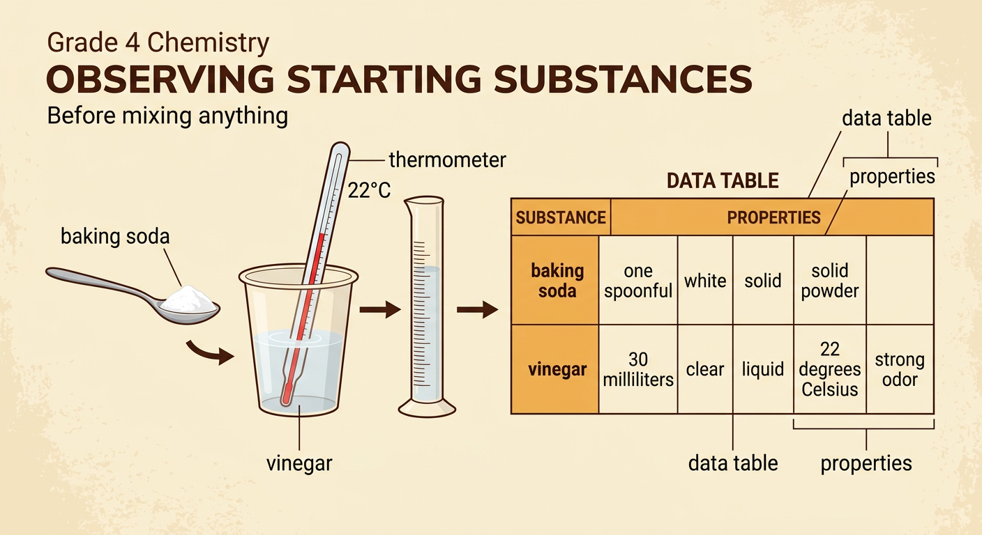 A clear cup of vinegar and a spoonful of baking soda are being recorded in a data table beside a thermometer.