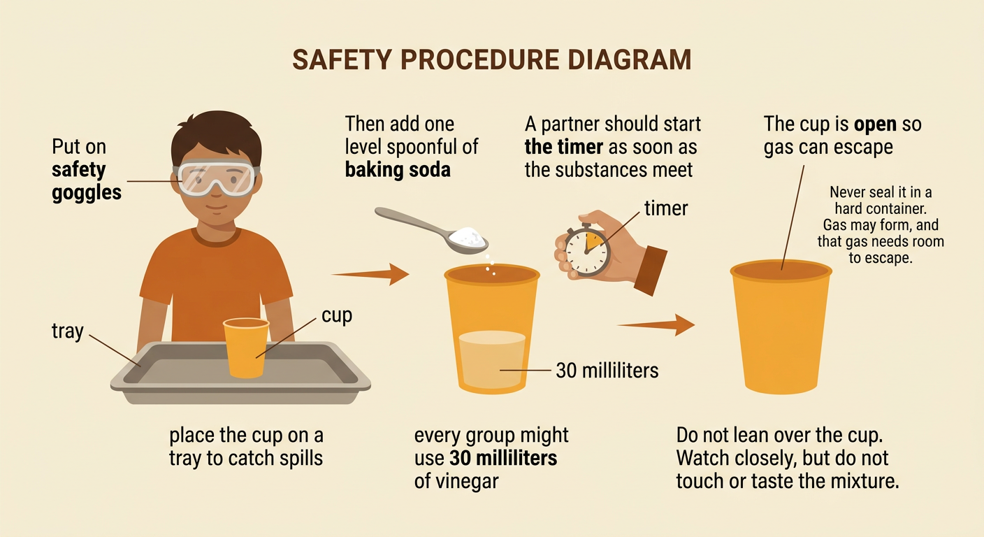 A student in safety goggles adds one spoonful of baking soda to vinegar in a cup on a tray while a partner starts a timer.
