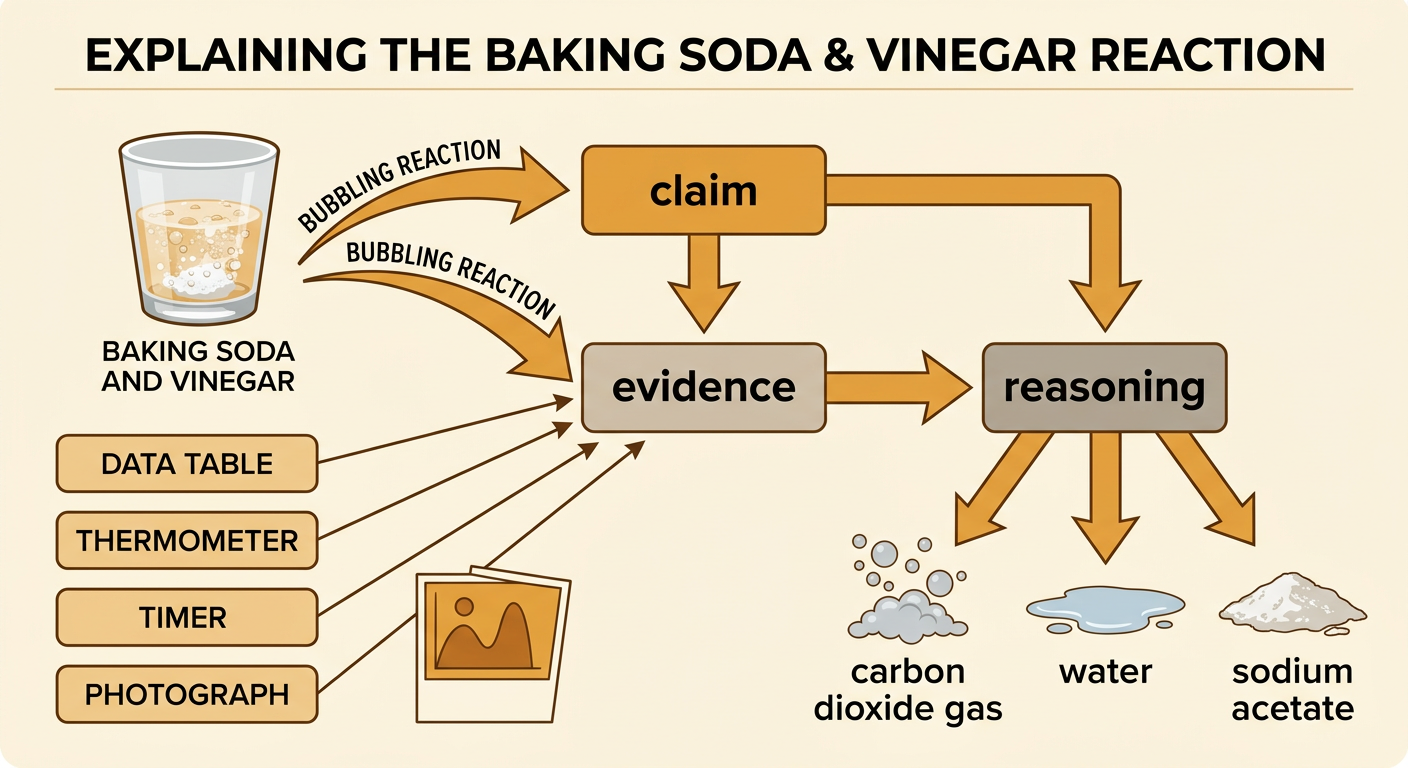 A claim-evidence-reasoning chart connects a foaming reaction and recorded data to the new substances produced.