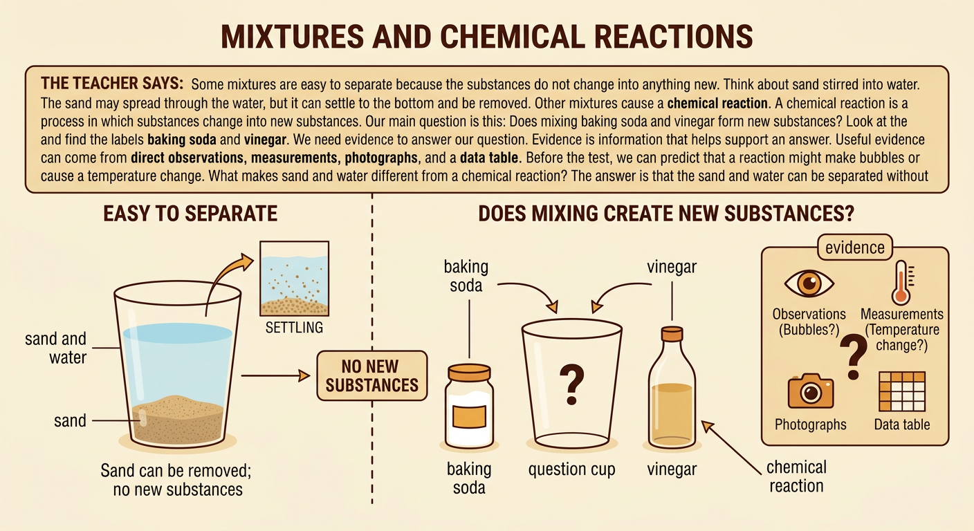 Baking soda and vinegar sit beside sand settling in water, with evidence sources shown nearby.