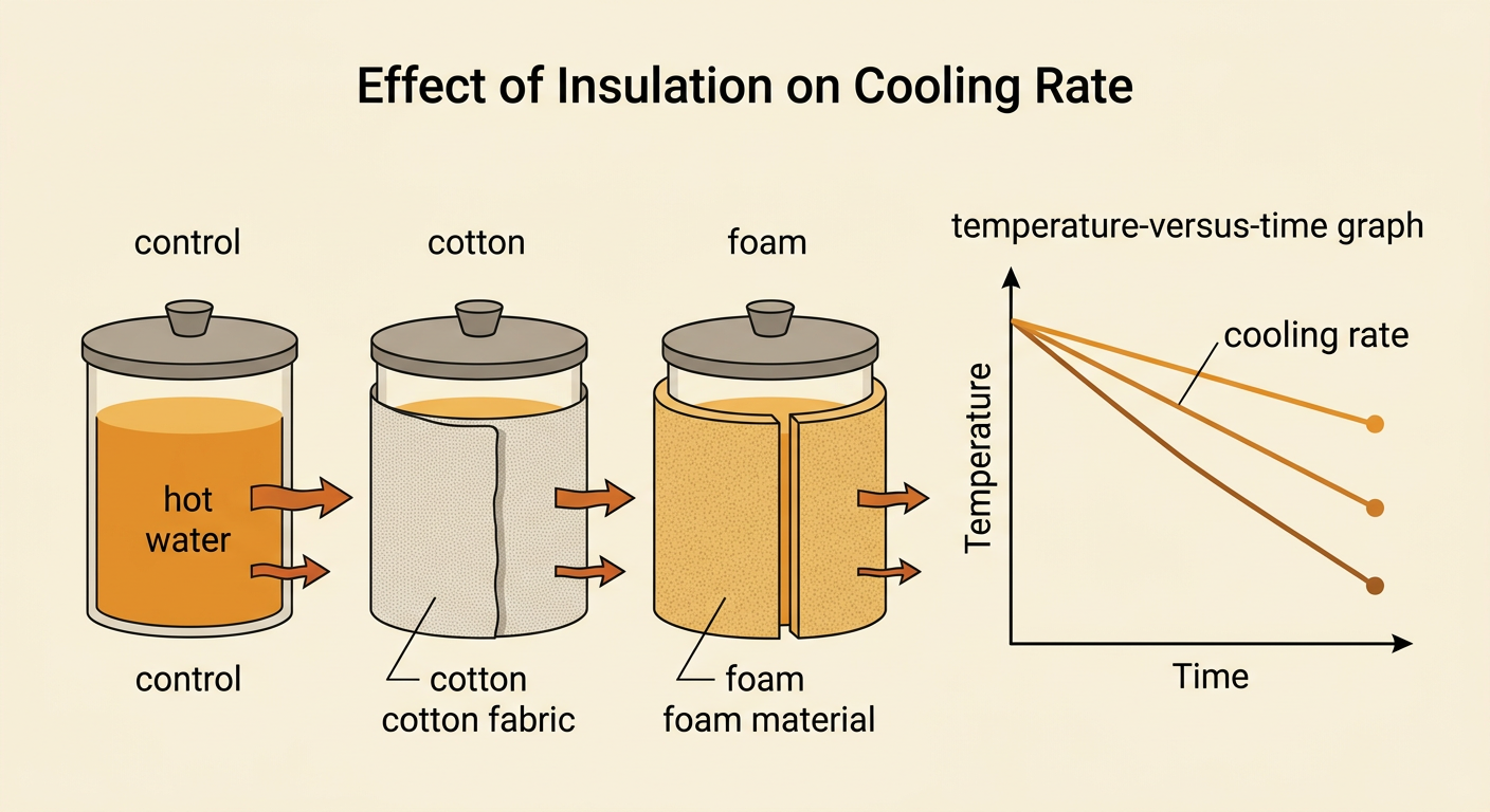 Three identical hot-water containers wrapped in foam, cotton, or nothing are compared beside their cooling curves.