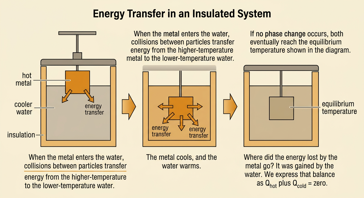 An insulated container shows hot metal transferring energy to cooler water until both reach equilibrium temperature.