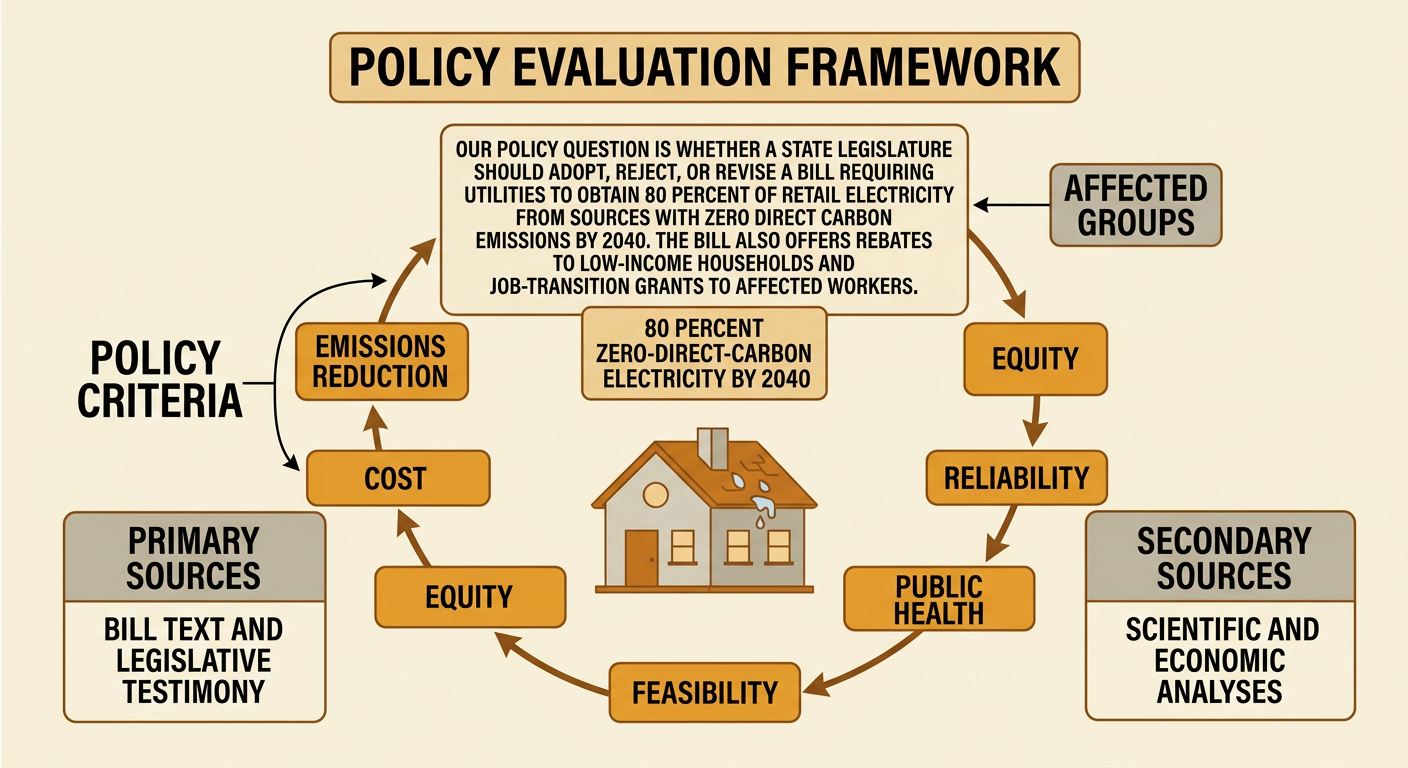 A policy map shows the 80 percent electricity target, the 2040 timeline, affected groups, funding, enforcement, and six evaluation criteria.