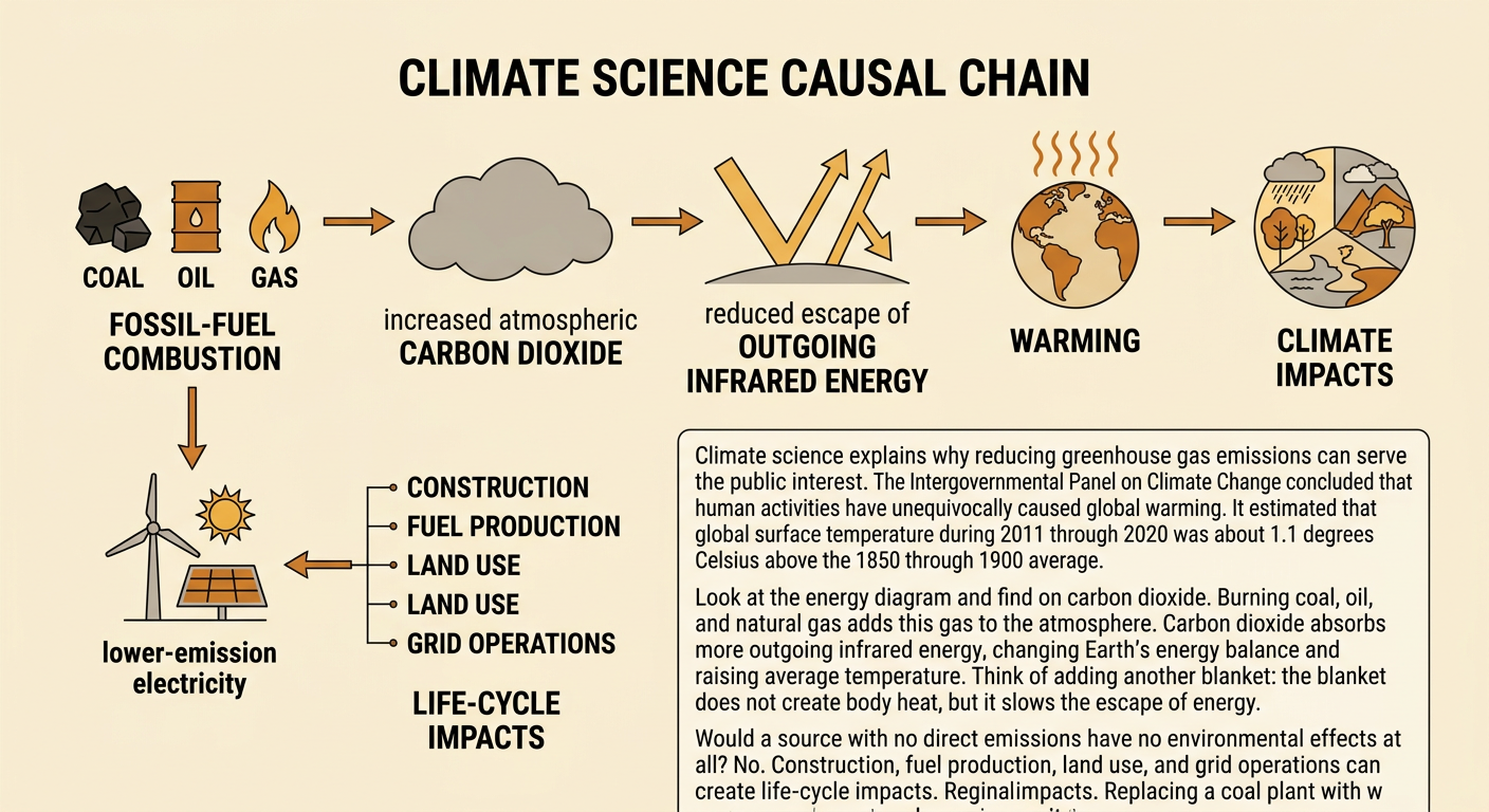 An Earth energy diagram shows carbon dioxide absorbing outgoing infrared energy alongside electricity sources with direct emissions and life-cycle impacts.