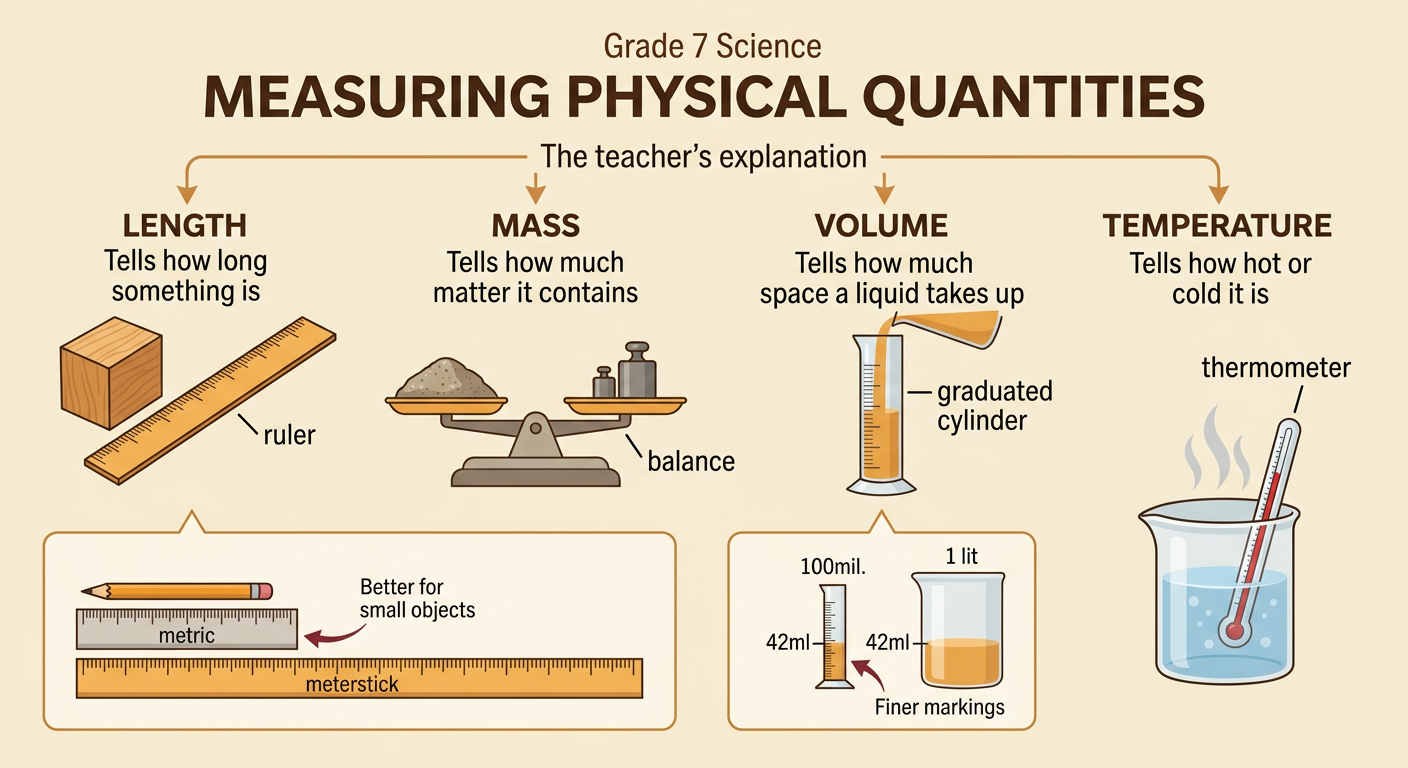 Four examples match a pencil, a sample, water, and warm liquid to the correct measuring tools.