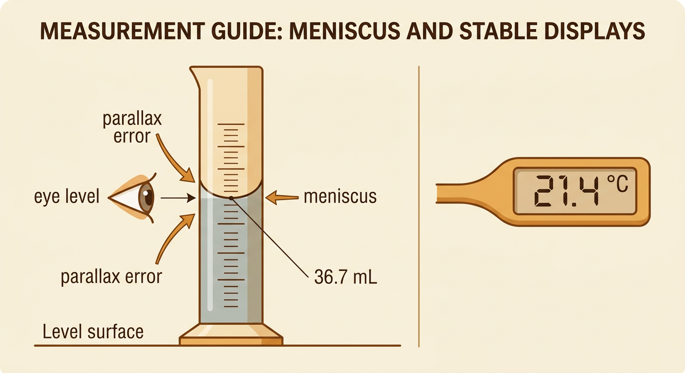 An eye-level view shows a water meniscus beside a stable digital thermometer display.