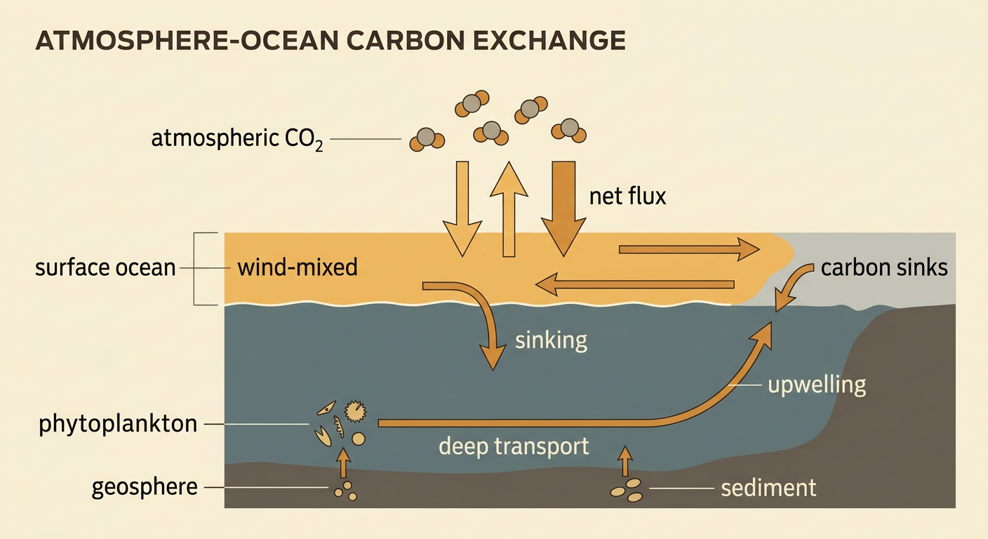 A labeled diagram shows carbon dioxide diffusing between the atmosphere and ocean, then moving through currents and upwelling.