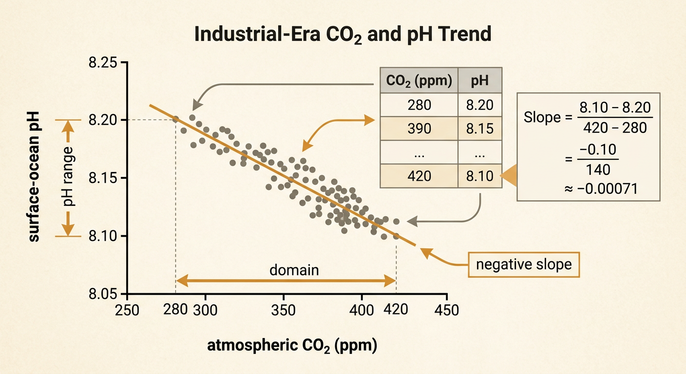 A line graph shows atmospheric carbon dioxide increasing from 280 to 420 ppm as surface-ocean pH decreases from 8.20 to 8.10.