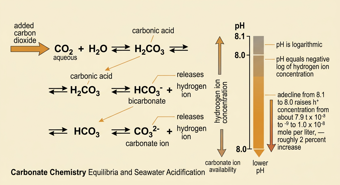 A chemical reaction chain shows dissolved carbon dioxide forming carbonic acid, bicarbonate, hydrogen ions, and carbonate.