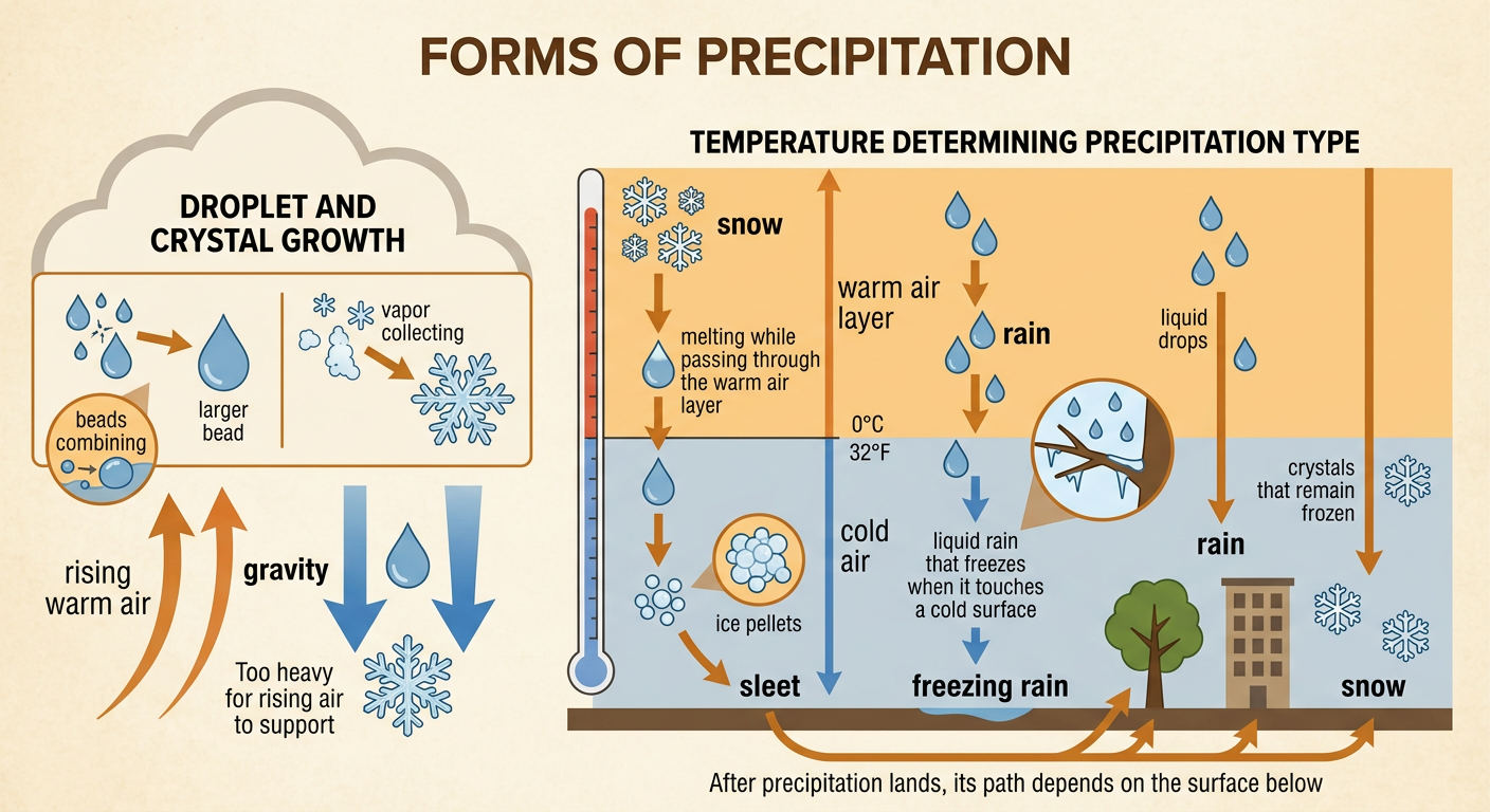 Snow falls through layered winter air, melts, and then refreezes into sleet before reaching the ground.