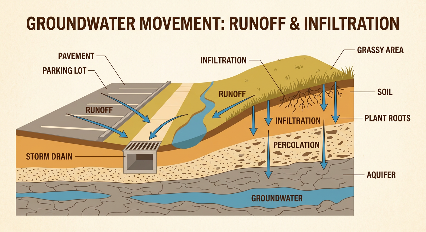 Rain runs across a parking lot into a drain while water soaks through nearby grass toward an underground aquifer.