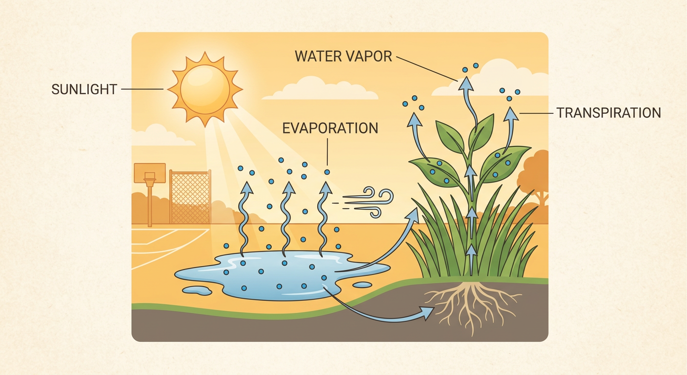 Sunlight warms a shrinking playground puddle while nearby grass releases moisture into the air.