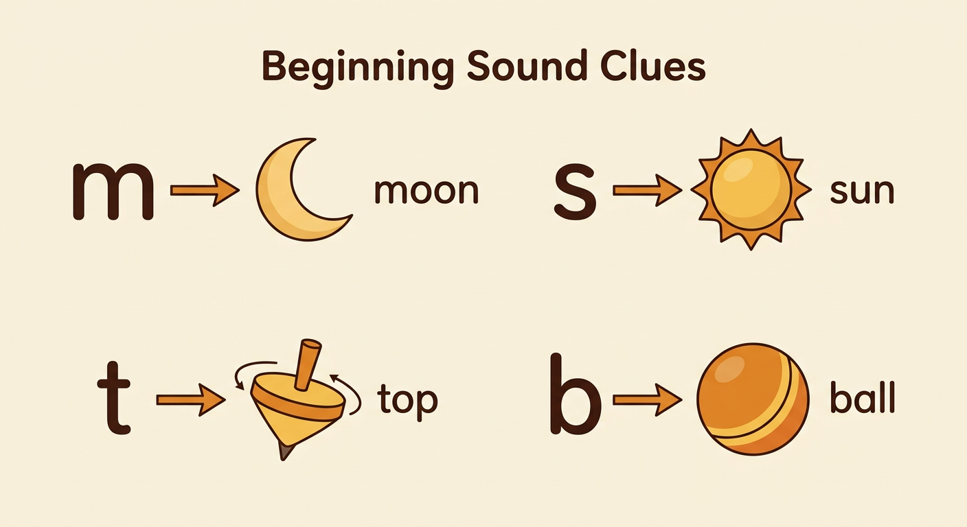 A moon, sun, top, and ball appear beside the letters that match their first sounds.
