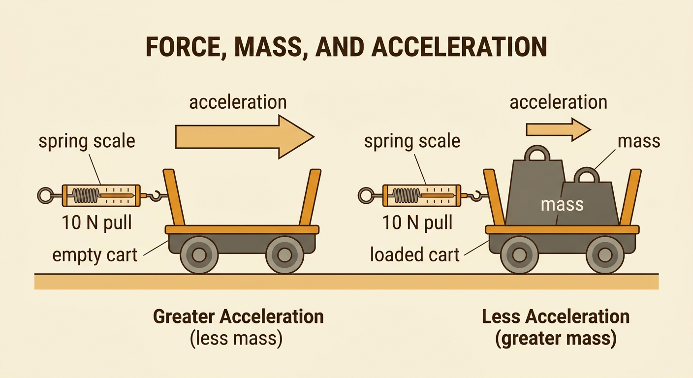 An empty cart and a loaded cart are pulled with the same 10-newton force, showing different accelerations.