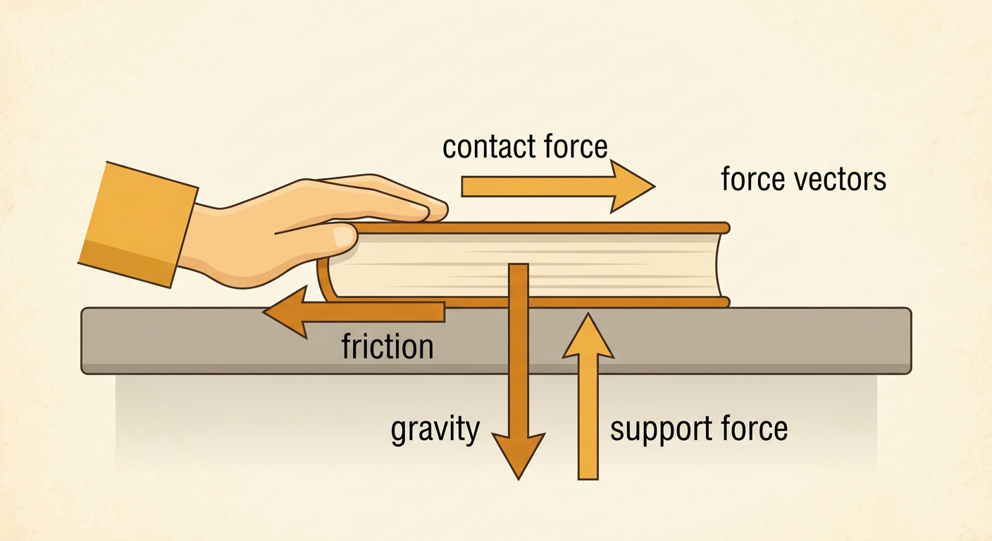 A hand pushes a book across a desk as labeled arrows show the forces acting on it.