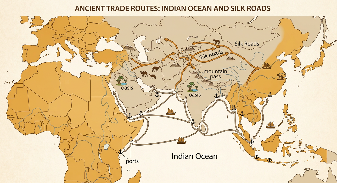 A trade map shows boat routes across the Indian Ocean and overland Silk Roads bending through a mountain pass and an oasis to reach major ports.