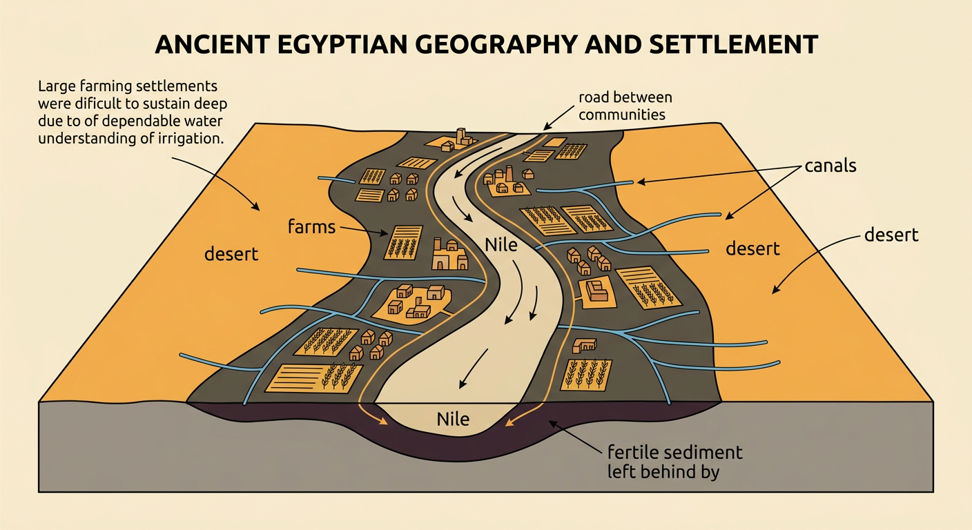 An ancient Nile settlement sits on a green floodplain beside the river, with canals carrying water toward fields and desert beyond.