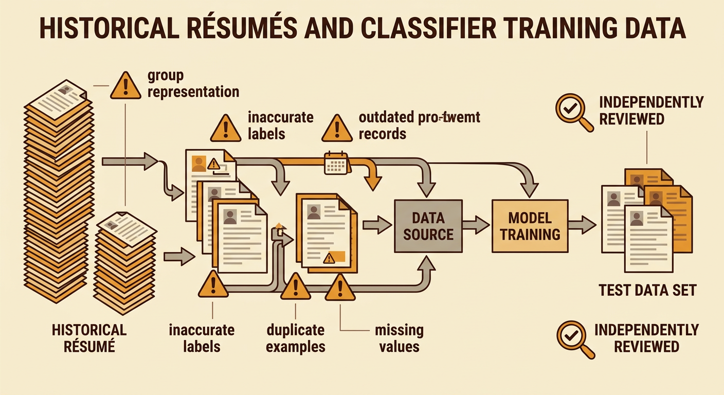 An imbalanced set of historical résumés feeds a hiring classifier while reviewers inspect several data-quality problems.