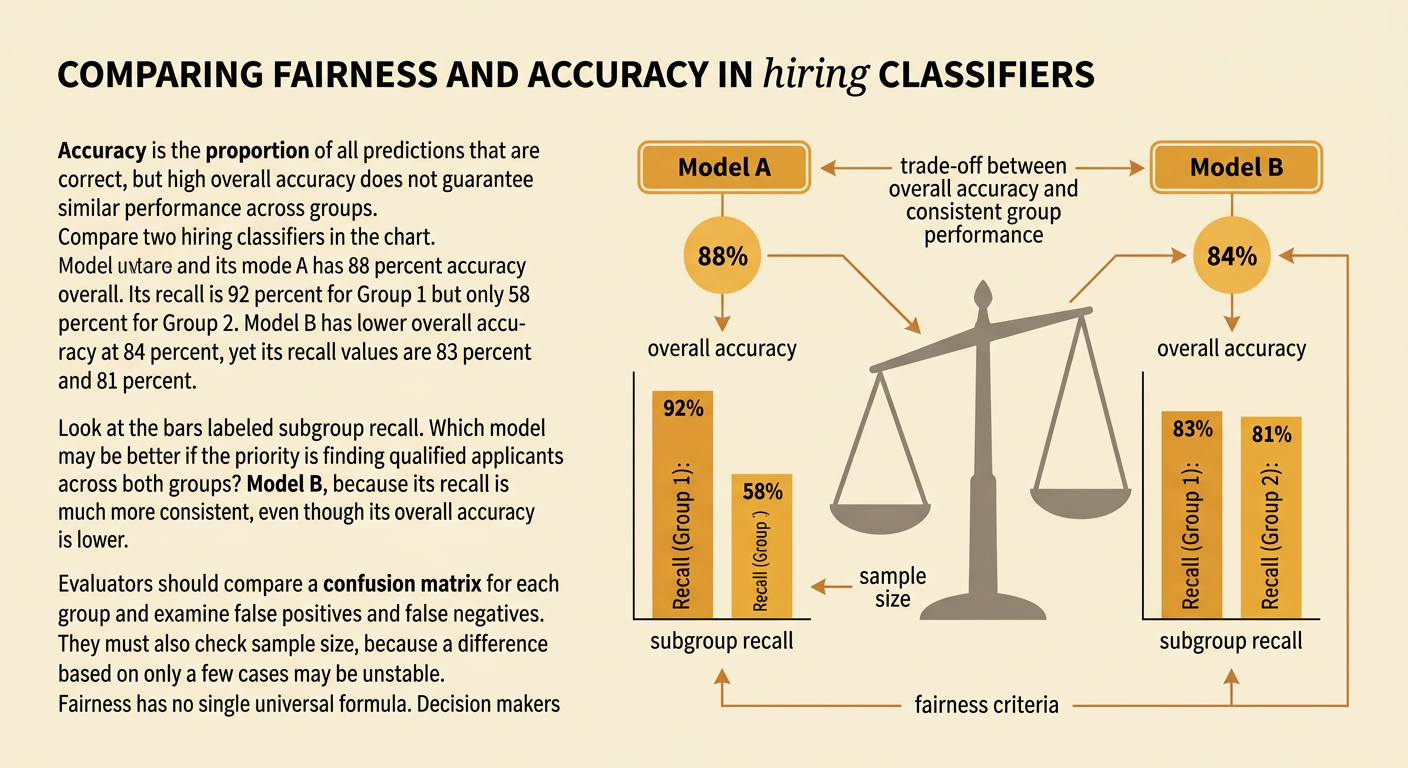 A side-by-side chart compares the overall accuracy and subgroup recall of two hiring classifiers.