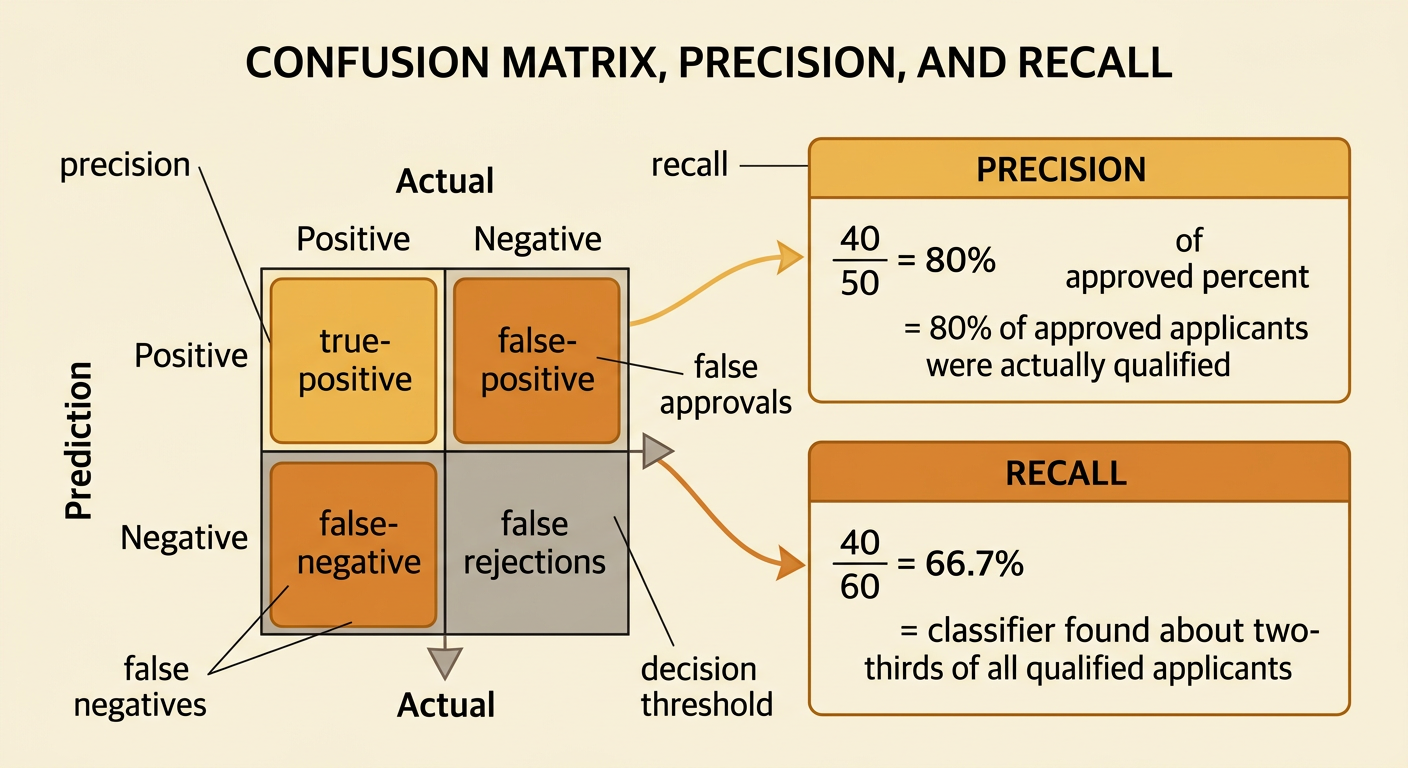 The loan results appear beside precision and recall calculations, with a threshold scale showing their trade-off.