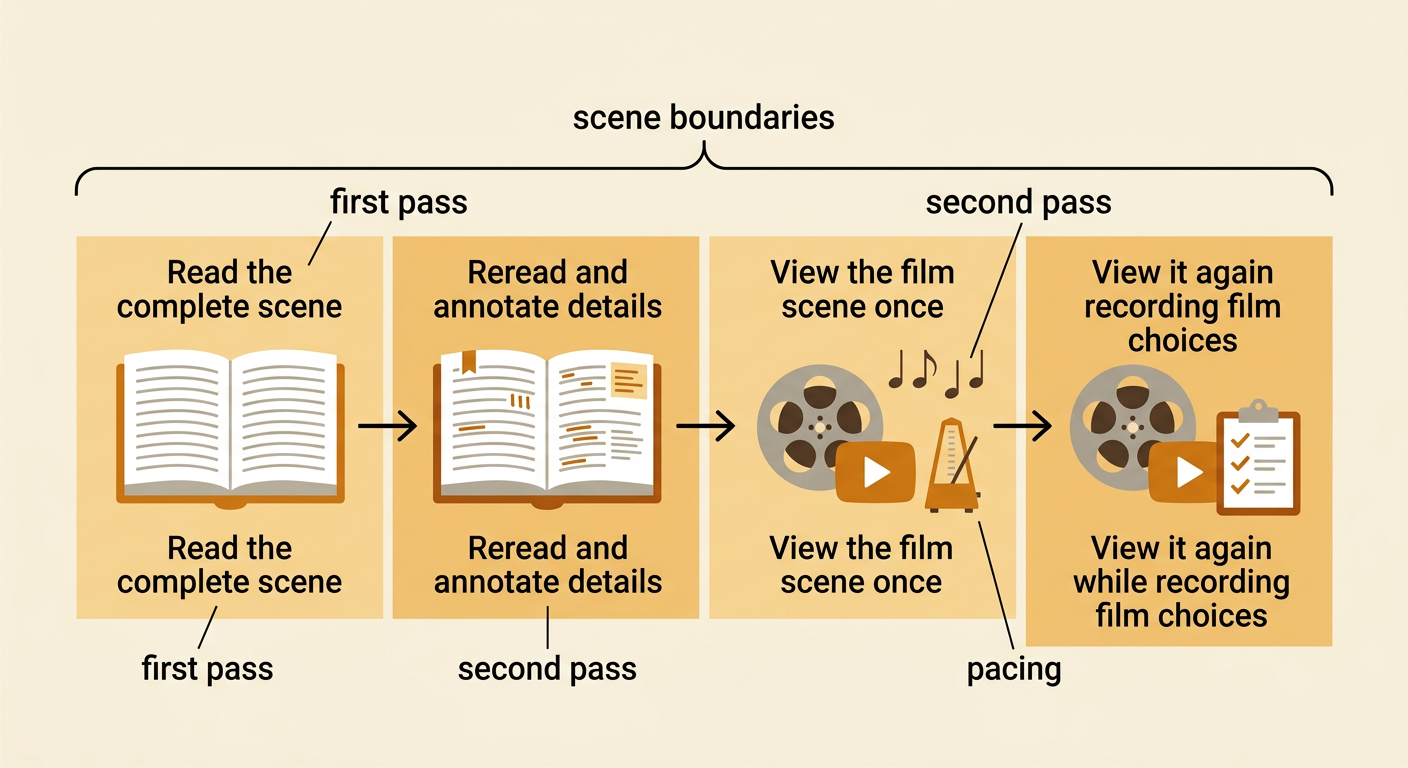 A study sequence shows the same balcony scene examined once for the overall action and again for detailed evidence within matching boundaries.