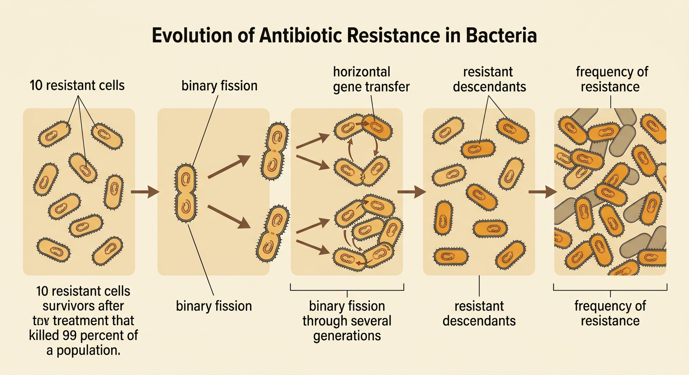 Ten surviving resistant cells undergo repeated binary fission and rebuild a population dominated by resistant descendants.