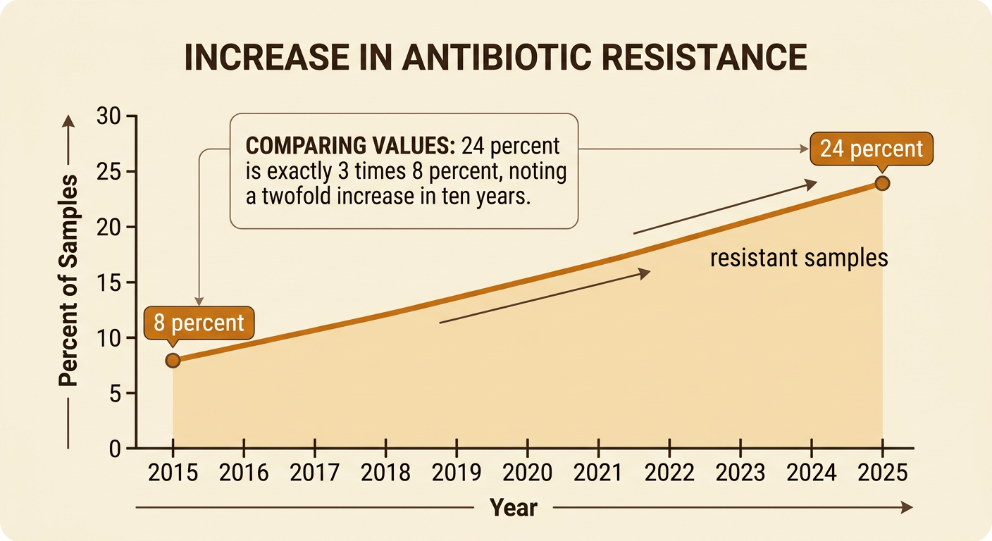 A line graph shows resistant bacterial samples increasing from 8 percent in 2015 to 24 percent in 2025.