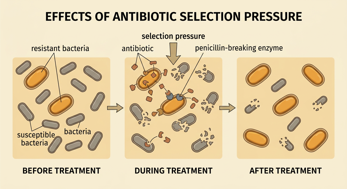 An antibiotic acts on a mixed bacterial population, killing susceptible bacteria while resistant bacteria survive.