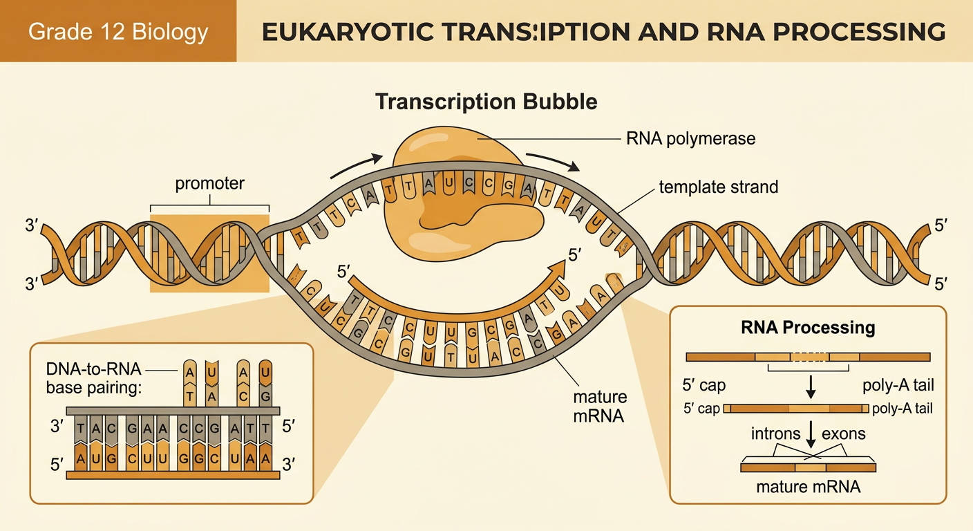 A transcription diagram shows RNA polymerase copying a DNA template and producing processed mature mRNA.