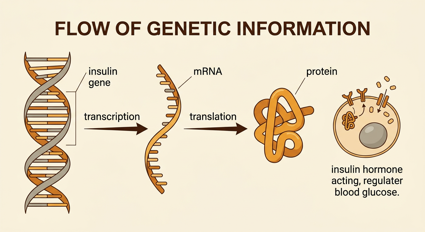 A flow diagram shows DNA being transcribed into mRNA and translated into a folded insulin protein.