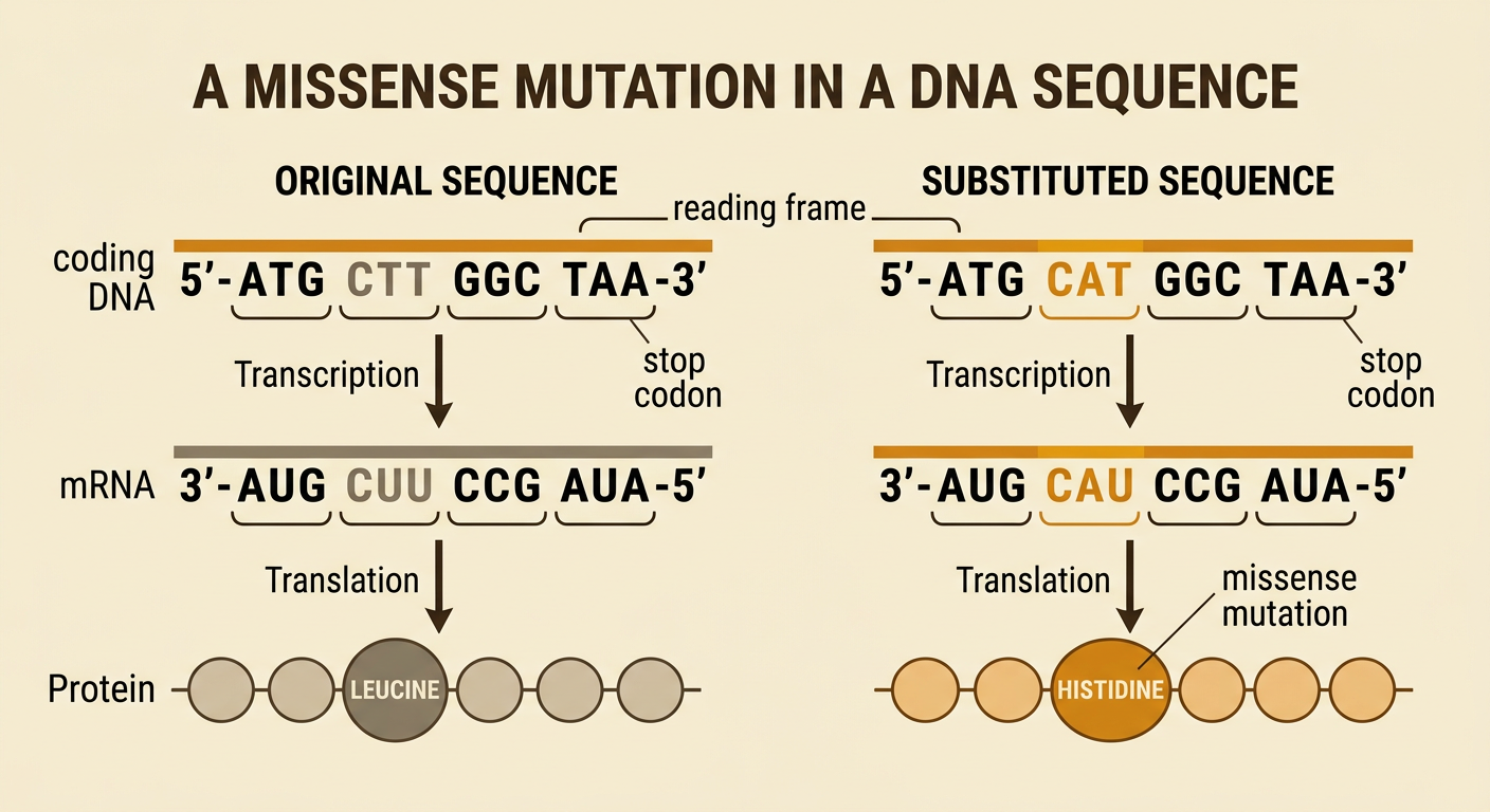 A side-by-side sequence model shows one DNA substitution changing leucine to histidine and contrasts it with a shifted reading frame.