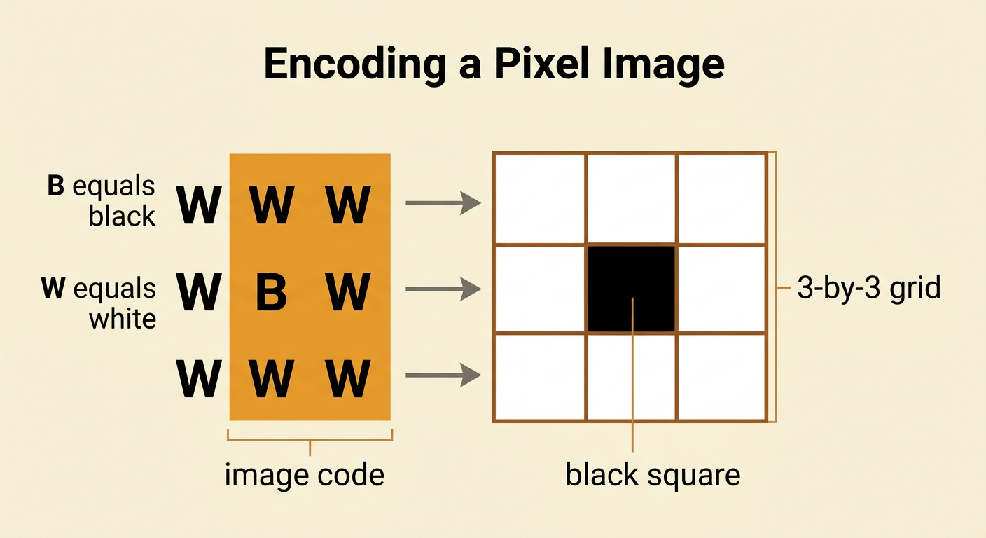 A 3-by-3 grid with a black center pixel appears beside its three matching lines of image code.