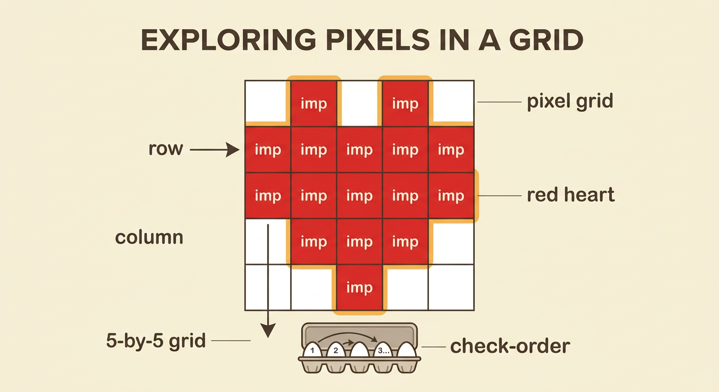 A 5-by-5 pixel grid shows a red heart, with one row and one column clearly marked.