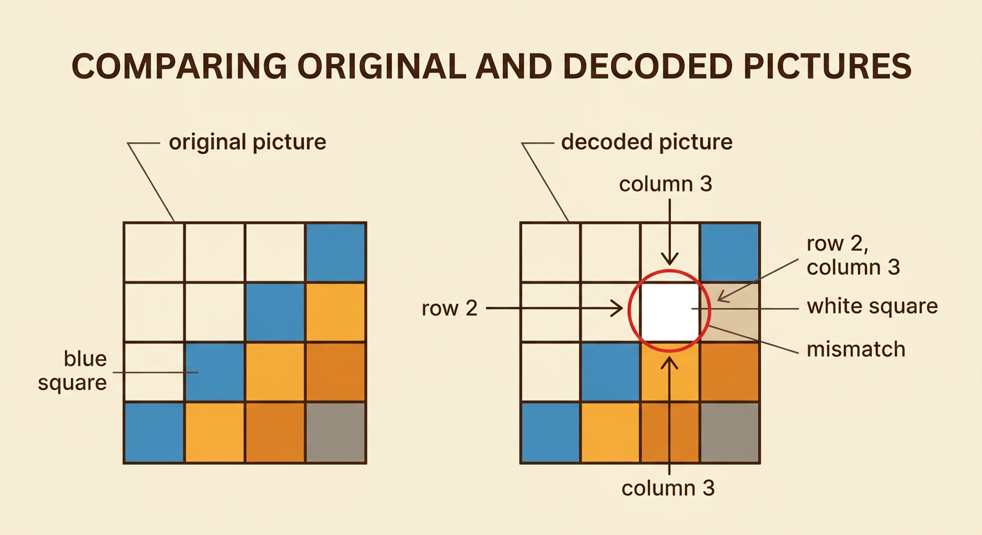 An original grid and a decoded grid sit side by side, with one mismatched square at row 2, column 3 circled.