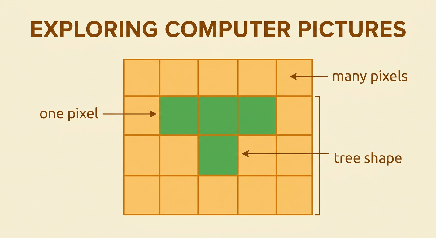 Four large green pixels form a tiny tree, with one square identified separately and the full group shown together.