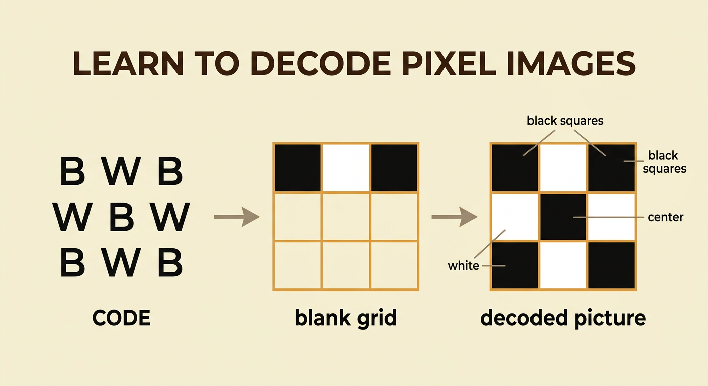 A three-line code leads from a blank 3-by-3 grid to a decoded picture with black corners and a black center.